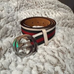 Gucci Web Canvas Belt with Double G Silver Buckle sz28-36